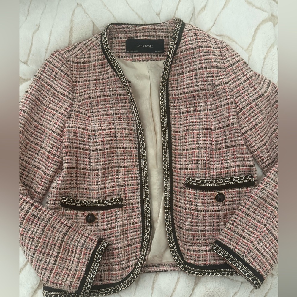 ZARA Tweed Gold Embellished Blazer Jacket - Picture 2 of 11